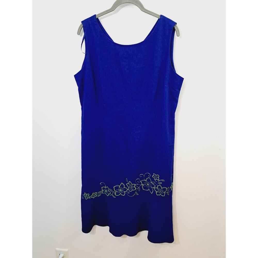 Ultra Dress New York Women's Blue Linen Rayon Shift Dress Embroidered In Size 14